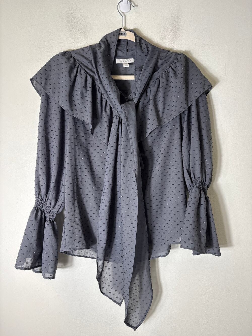 Top Shop Gray Long Boho Sleeve Sheer Button Up Top Sz 2